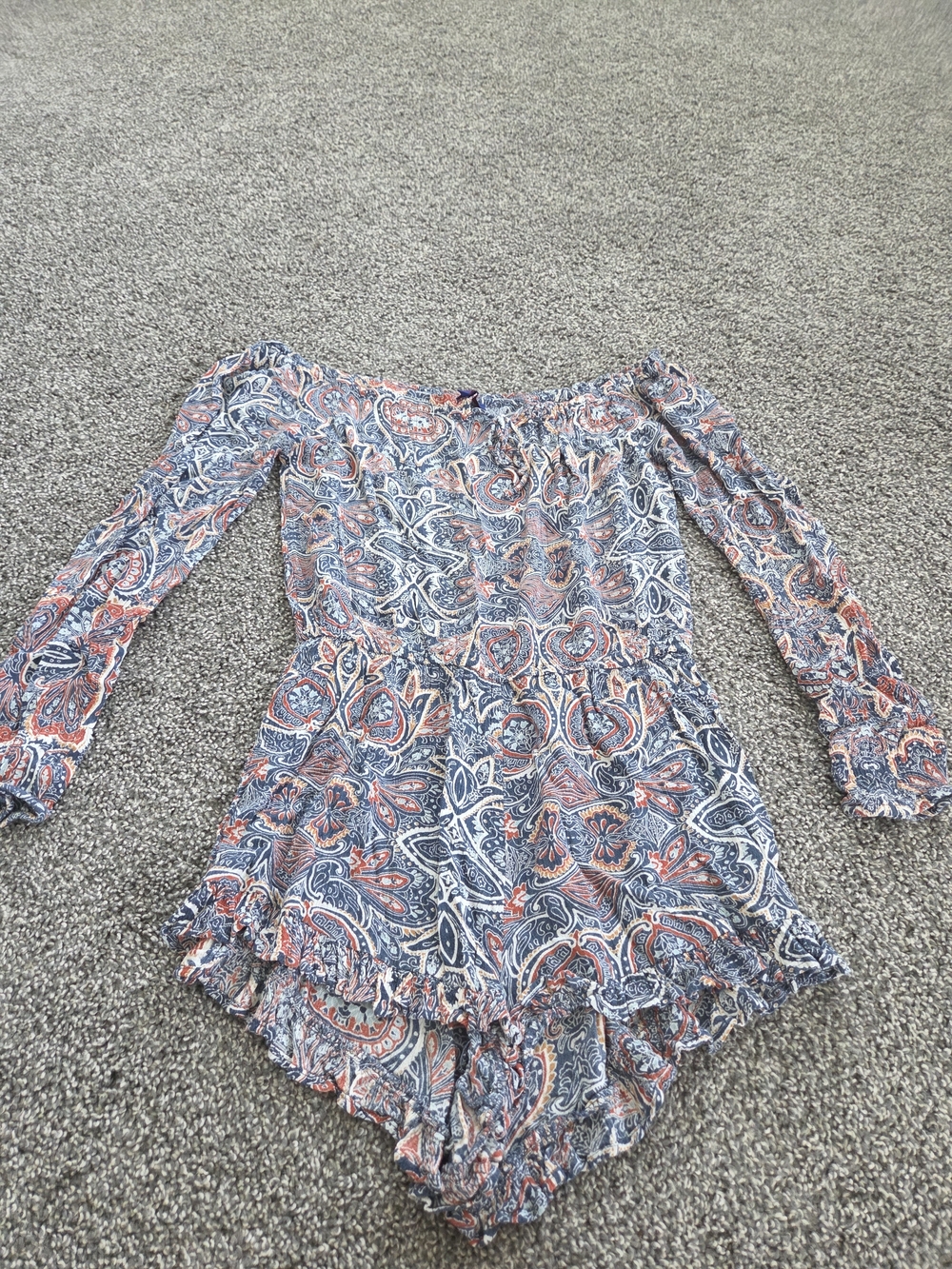 Aeropostale Paisley Off-Shoulder Romper in Blue & Coral